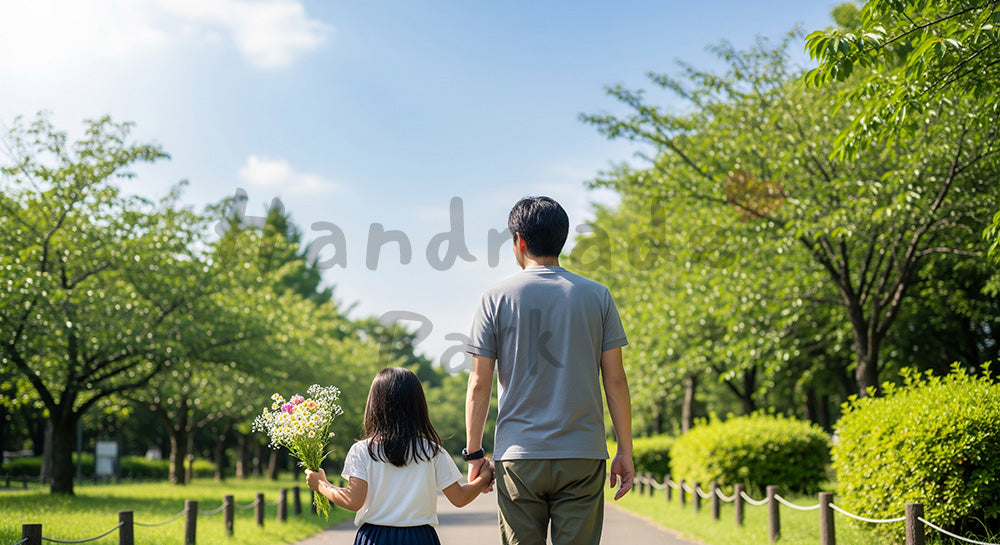 フリー素材 無料 写真｜小さな花束を持って歩く日本人親子の後ろ姿、青い空とやさしい贈り物の時間