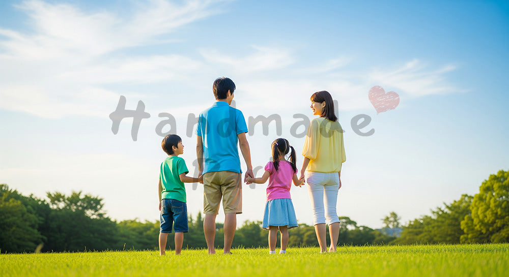 フリー素材 無料 写真｜青空と家族の結びつきを感じる休日のある芝生で輪になる日本人家族の後ろ姿