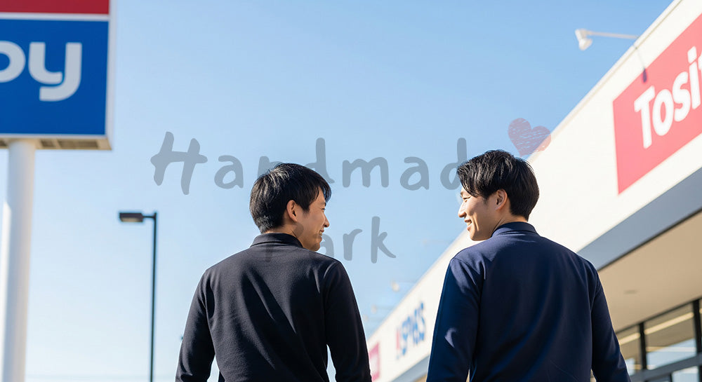 フリー素材 無料 写真｜青空と軽やかなコミュニケーションのある歩きながら笑う日本人同僚の後ろ姿