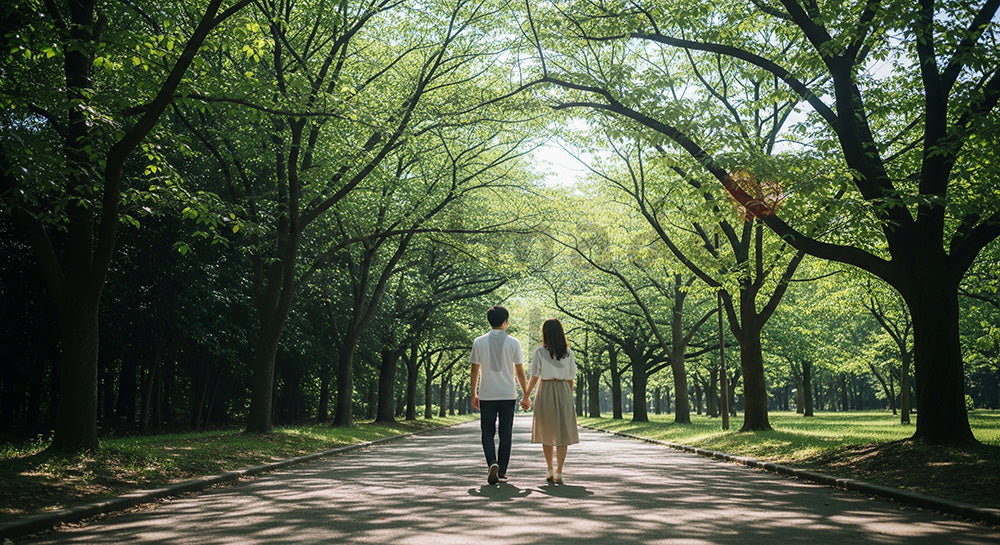 フリー素材 無料 写真｜木漏れ日の小道を歩く日本人カップルの後ろ姿、青空と優しい季節感のデート