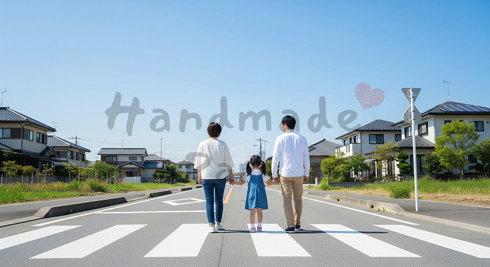 フリー素材 無料 写真｜青空の下で手をつないで歩く日本人家族の後ろ姿日常の安全と温かな暮らし