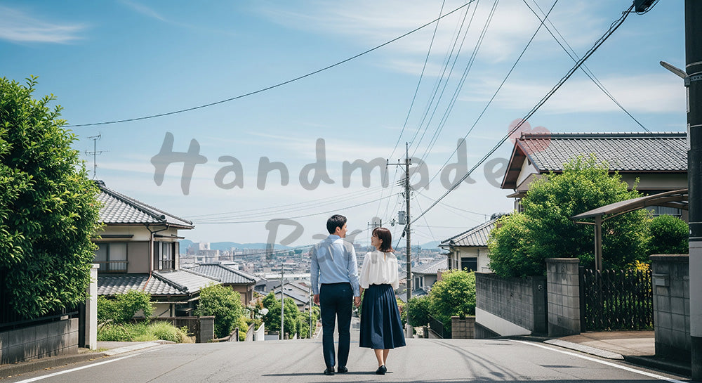 フリー素材 無料 写真｜暮らしと穏やかな未来を感じるのある青空の住宅街を歩く日本人カップルの後ろ姿