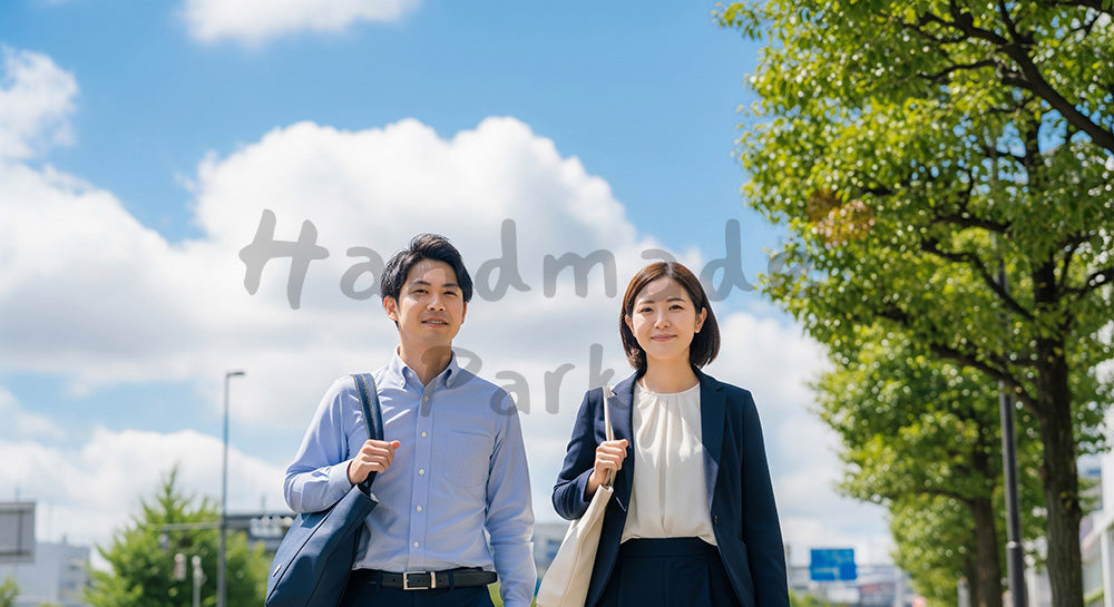 フリー素材 無料 写真｜青い空の下で歩く日本人同僚（正面）