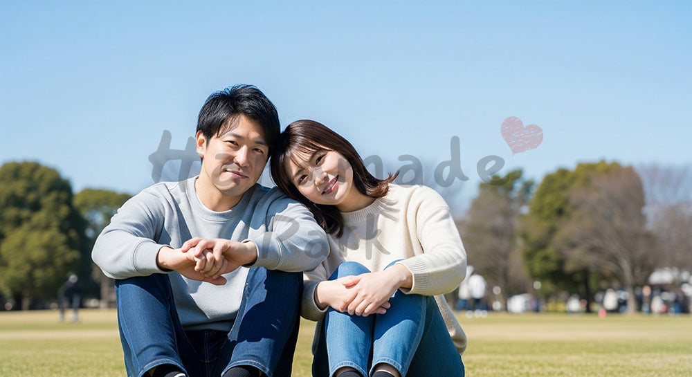 フリー素材 無料 写真｜芝生で微笑む日本人カップル（正面） 余白あり