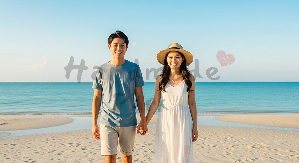 フリー素材 無料 写真｜青い空と海辺で微笑む日本人カップル（正面） 背景素材