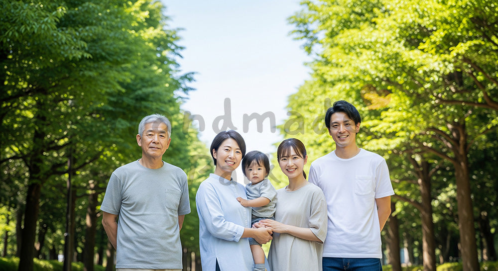 フリー素材 無料 写真｜並木道で微笑む日本人3世代家族（正面） 背景素材
