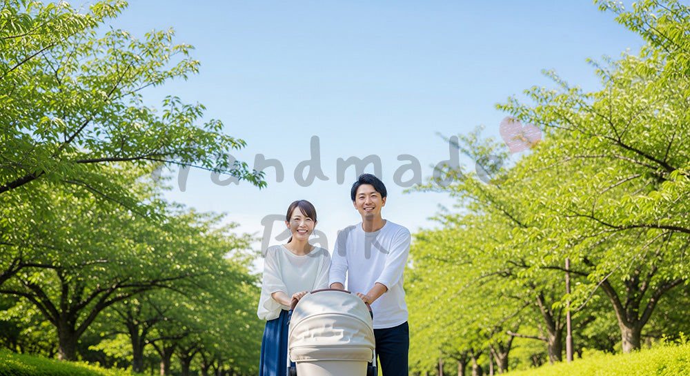 フリー素材 無料 写真|ベビーカー散歩の日本人夫婦(正面) 背景素材