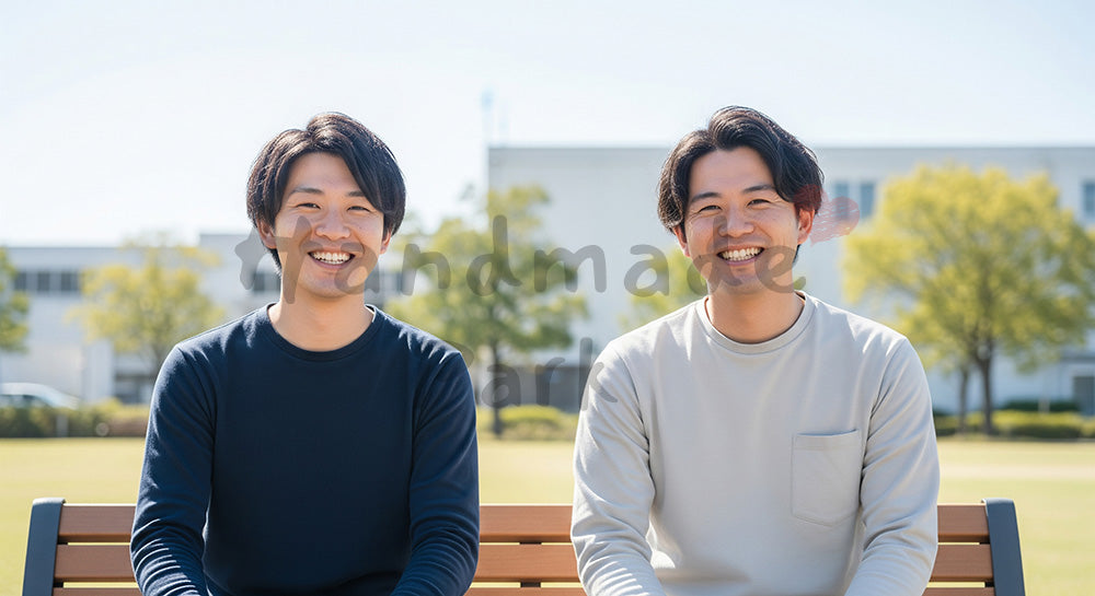 フリー素材 無料 写真｜公園ベンチで微笑む日本人同僚（正面） 写真バックグラウンド 背景素材