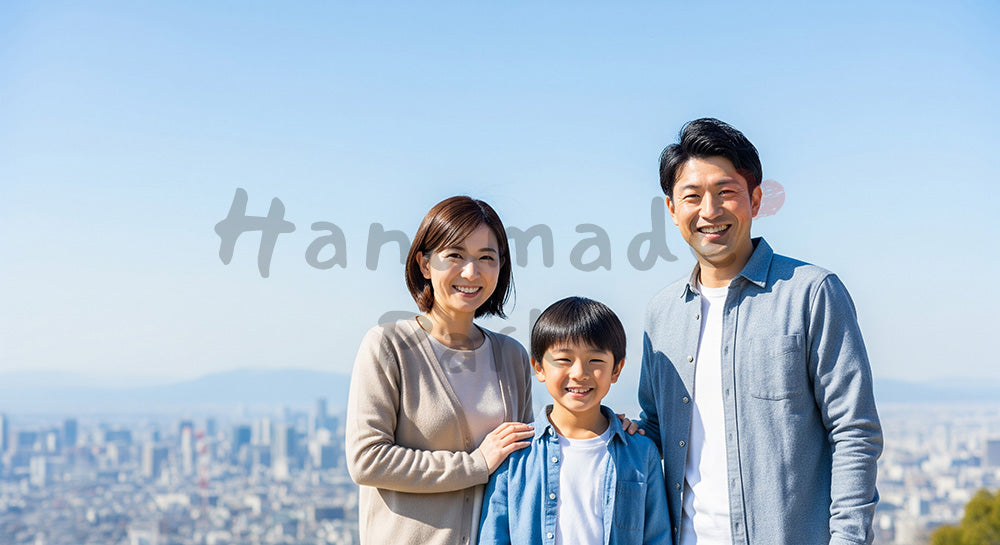フリー素材 無料 写真｜高台で微笑む日本人家族（正面） 写真背景