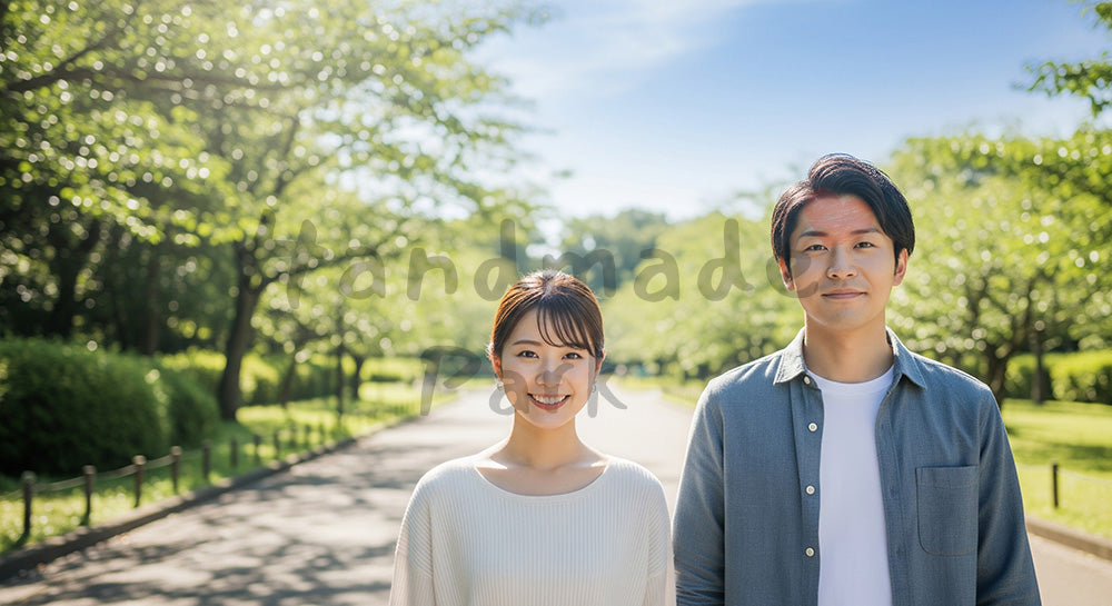 フリー素材 無料 写真｜木漏れ日の小道で微笑む日本人カップル（正面） 背景素材