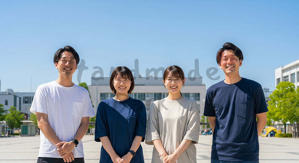 フリー素材 無料 写真｜週末アウトドアで笑う日本人同僚（正面） 写真背景