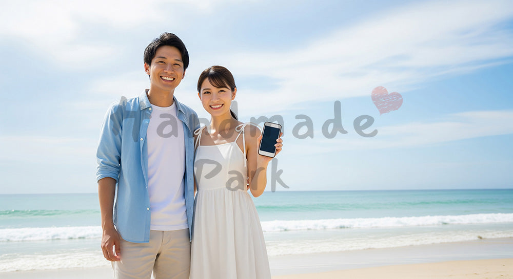 フリー素材 無料 写真｜海辺で微笑む日本人カップル（正面・撮影小物） 写真背景