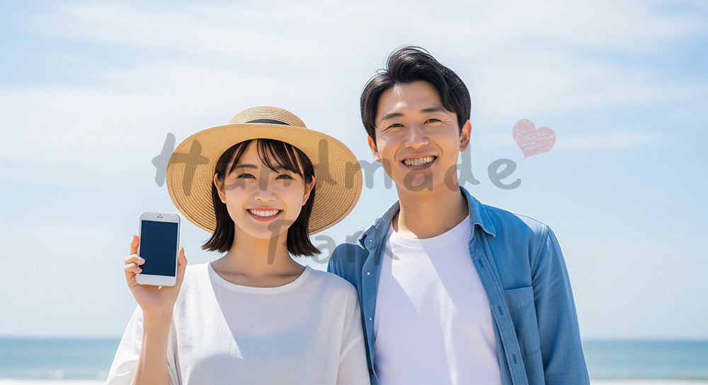 フリー素材 無料 写真｜海辺で微笑む日本人カップル（正面・撮影小物）