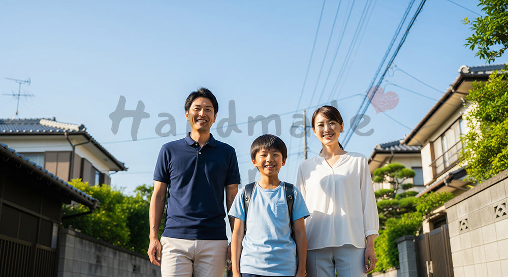 フリー素材 無料 写真｜住宅街と青空の日本人家族（正面） 写真背景