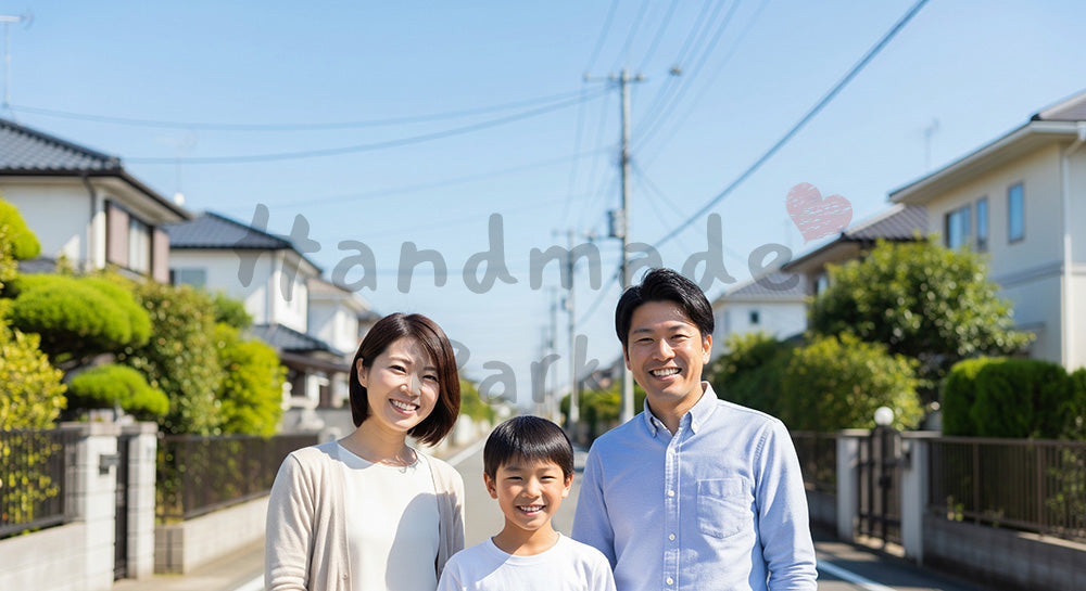 フリー素材 無料 写真｜住宅街と青空の日本人家族（正面）