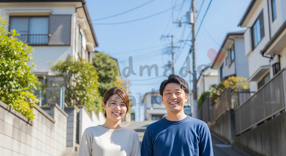フリー素材 無料 写真｜坂道で微笑む日本人カップル（正面） 余白あり