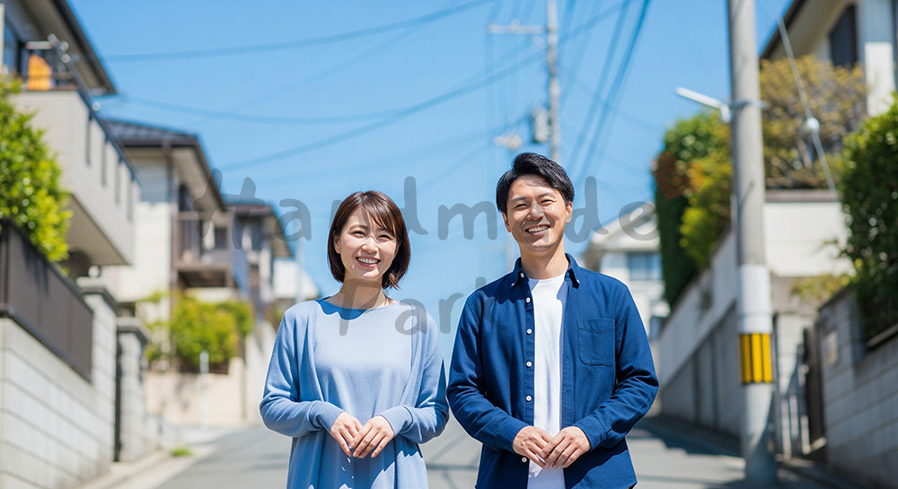 フリー素材 無料 写真｜坂道で微笑む日本人カップル（正面） 写真背景