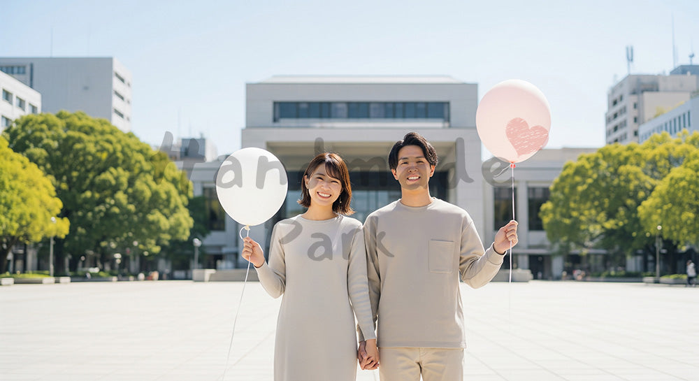 フリー素材 無料 写真｜風船を持って微笑む日本人カップル（正面） 写真背景