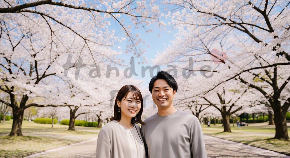 フリー素材 無料 写真｜桜と青空で微笑む日本人カップル（正面） 写真背景