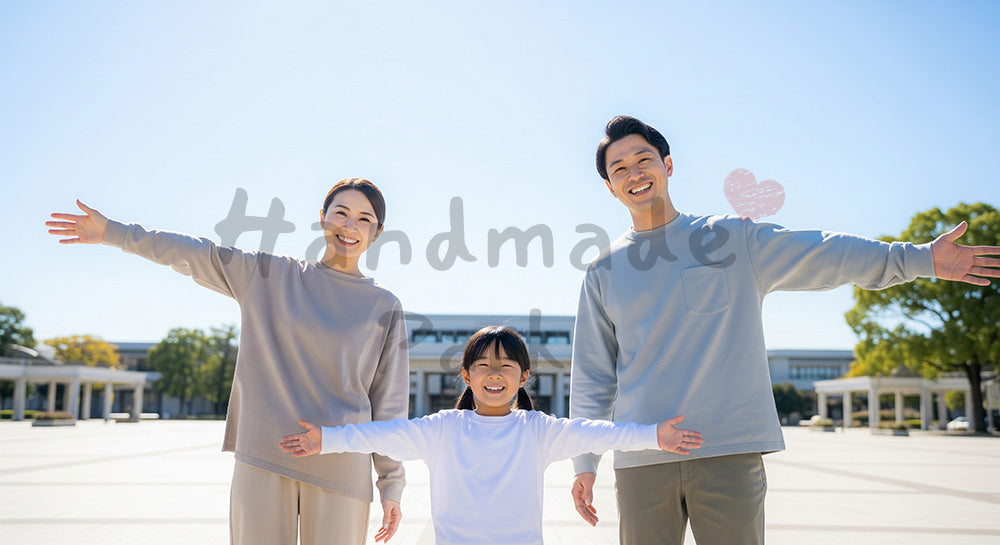 フリー素材 無料 写真｜深呼吸する日本人家族（正面） 背景素材