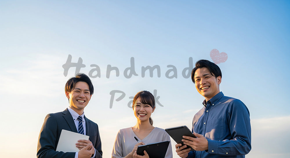フリー素材 無料 写真｜屋外で微笑む日本人同僚（正面・打ち合わせ） 余白あり