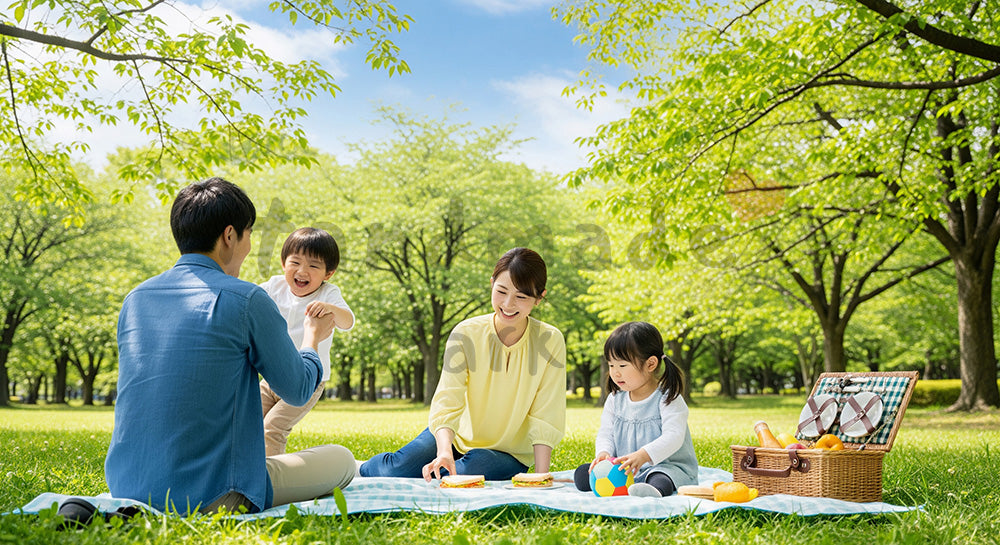 フリー素材 無料 写真｜日差しのある公園の芝生でピクニック気分を楽しむ日本人家族、休日ライフスタイル写真