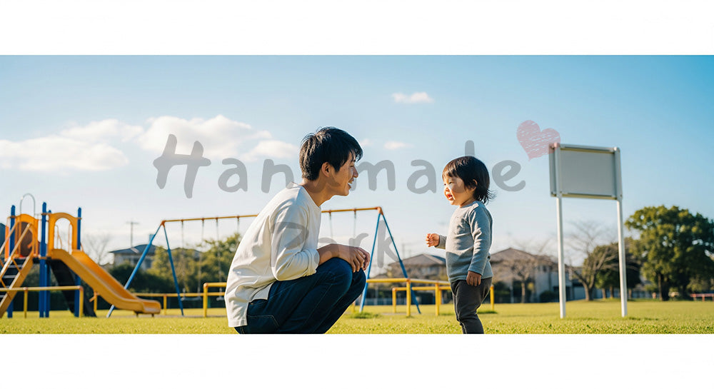 フリー素材 無料 写真｜明るい公園で子どもに寄り添って話す日本人の親子、子育ての優しさが伝わる写真