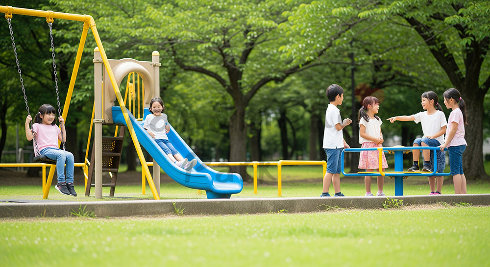 フリー素材 無料 写真｜晴れた公園で友だちと遊ぶ日本人の子どもたち、教育にも使える明るい写真