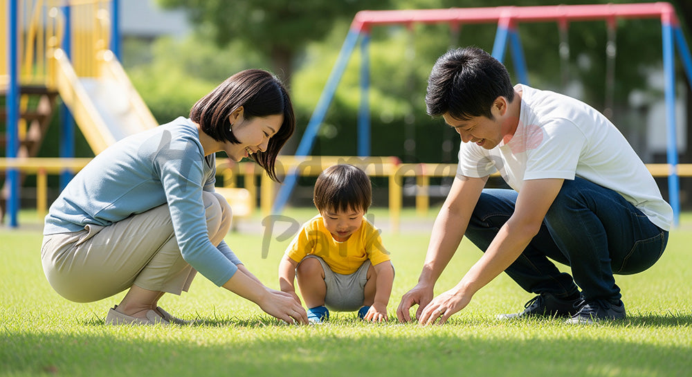 フリー素材 無料 写真｜晴れた公園の芝生で小さな子どもと遊ぶ日本人家族、優しい子育て写真