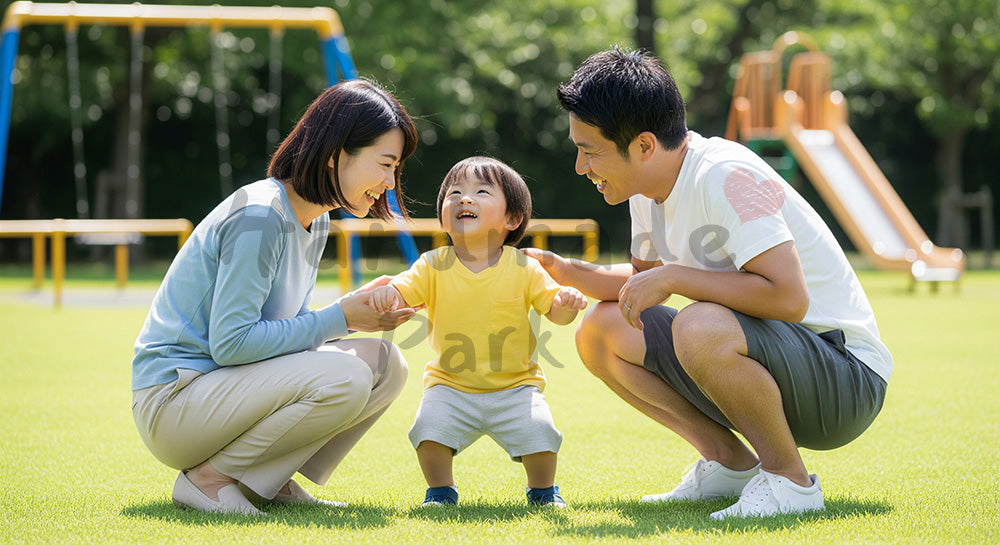 フリー素材 無料 写真｜明るい公園の芝生で小さな子どもと遊ぶ日本人家族、優しい子育て写真