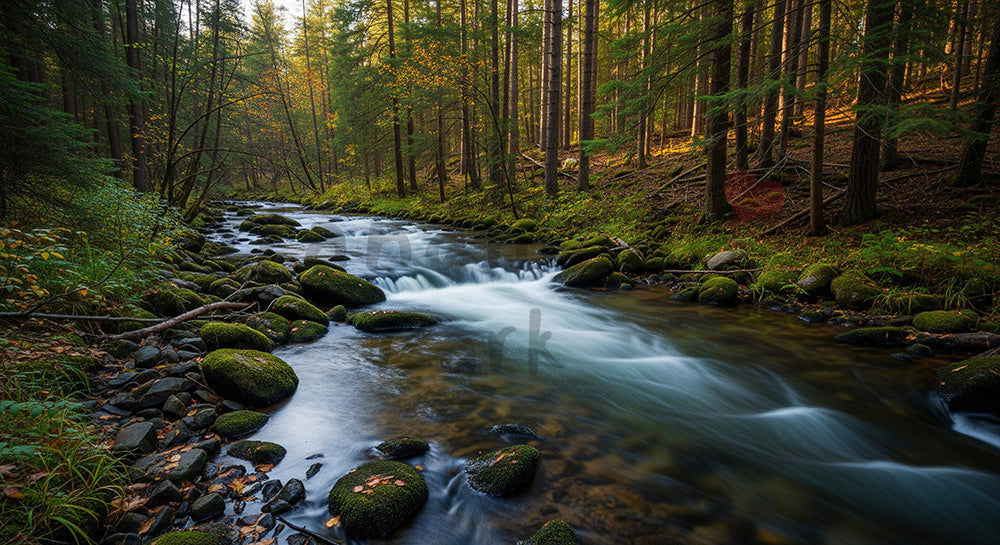 フリー素材 無料 写真｜SDGsの水と自然を表現する森の小川背景 明度が高い余白で文字入れ