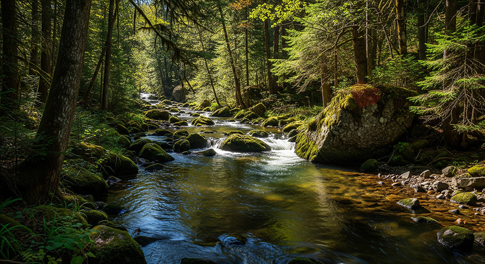 フリー素材 無料 写真｜SDGsの水と自然を表現する森の小川背景 明るい余白で文字入れ