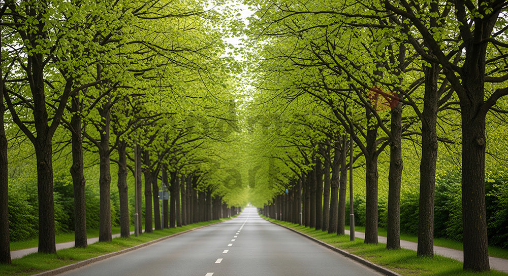 フリー素材 無料 写真｜SDGsのグリーンモビリティを想起する並木道の若葉背景 余白