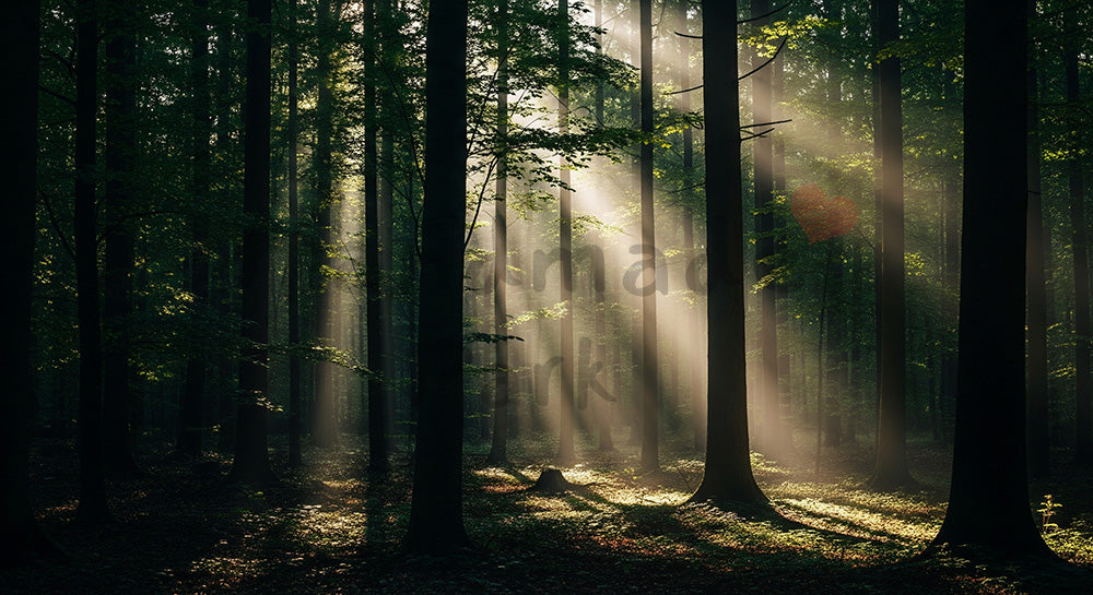 フリー素材 無料 写真｜SDGsに合う森に差す柔らかな光の背景 文字入れスペースと自然トーン