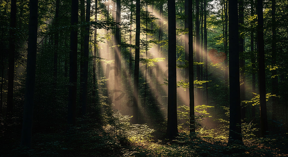 フリー素材 無料 写真｜SDGsに合う森に差す柔らかな光の背景 文字入れ余白と自然トーン