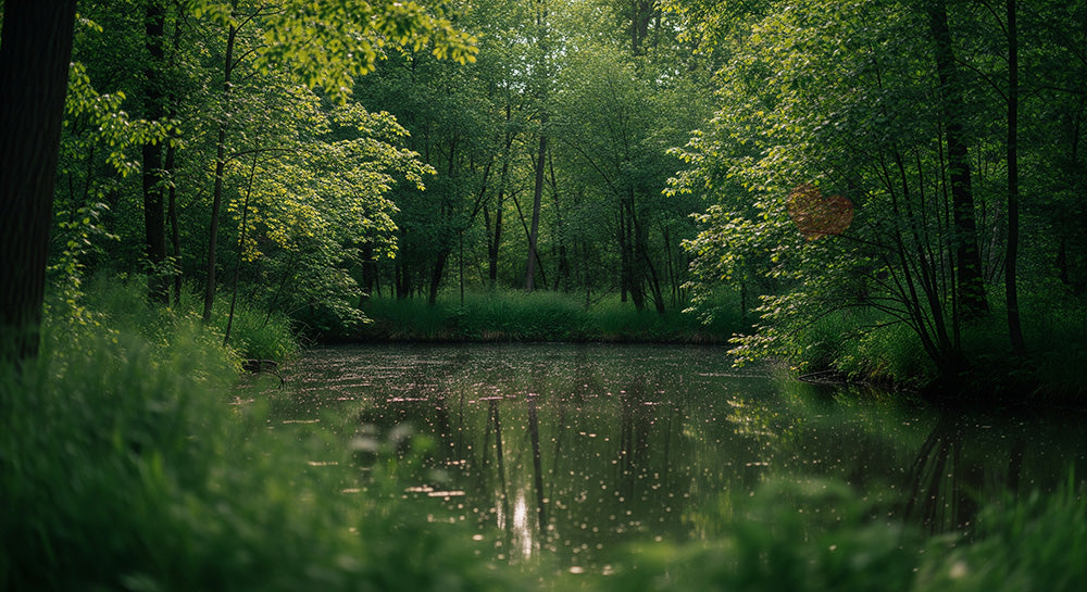 フリー素材 無料 写真｜SDGsの水と森を想起する小さな池と緑の背景 余白で文字入れ