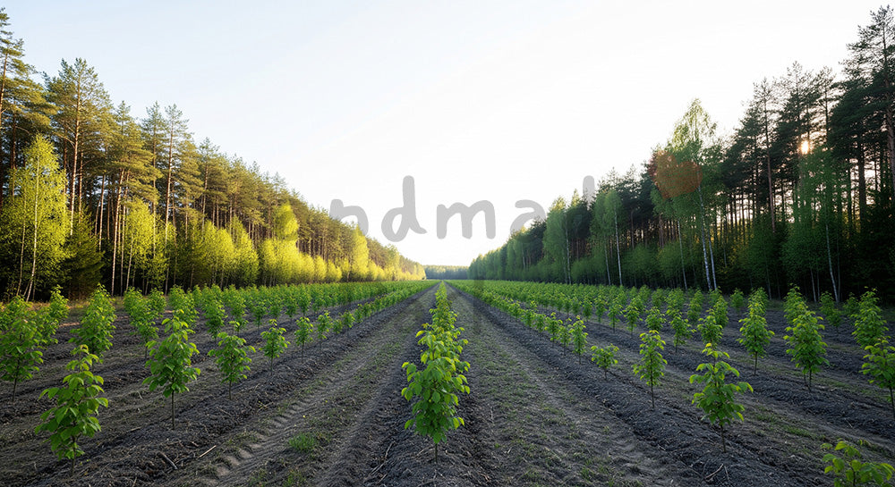 フリー素材 無料 写真｜SDGsの植林を想起する若木が並ぶ森背景 空抜け余白で文字入れ 背景素材