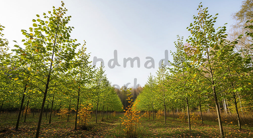 フリー素材 無料 写真｜SDGsの植林を想起する若木が並ぶ森背景 空抜け余白で文字入れ