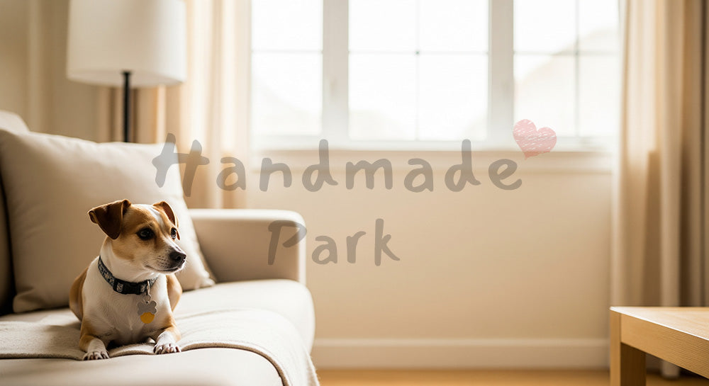フリー素材 無料 写真｜やわらかな自然光のリビングのソファの犬｜サービス紹介ページに使える