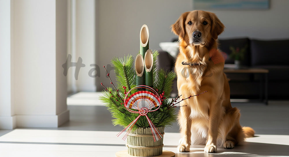 フリー素材 無料 写真｜お正月の室内の犬｜ペットライフスタイルを添えた保険・医療のイメージに