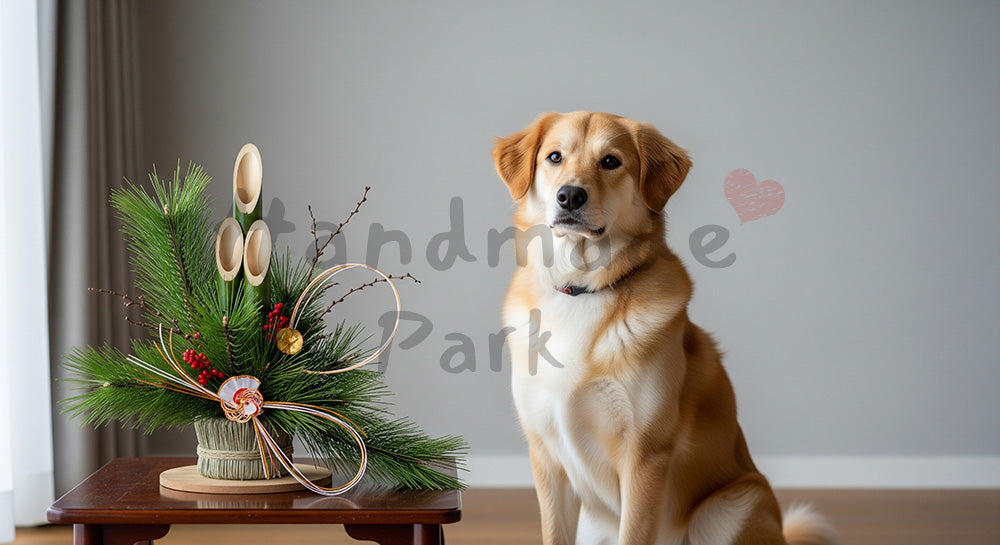 フリー素材 無料 写真｜シンプルな背景としてに使えるお正月の室内の犬