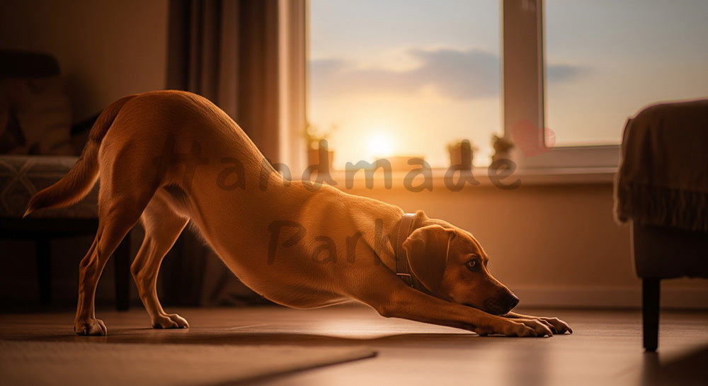 フリー素材 無料 写真｜夕方の窓辺で伸びをする犬のやさしい室内背景｜トップページのビジュアルに