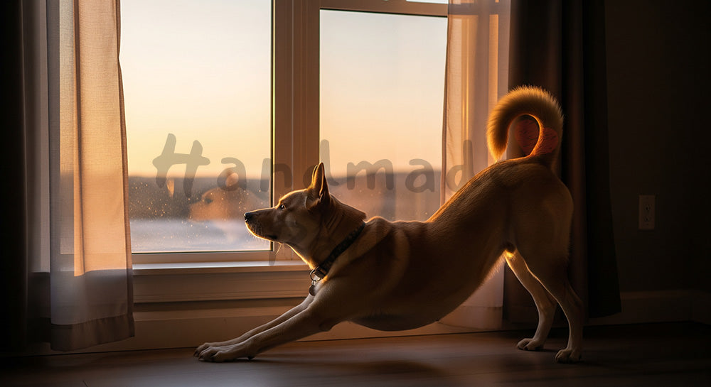 フリー素材 無料 写真｜夕方の窓辺で伸びをする犬のやさしい室内背景の写真｜ナチュラルな雰囲気に