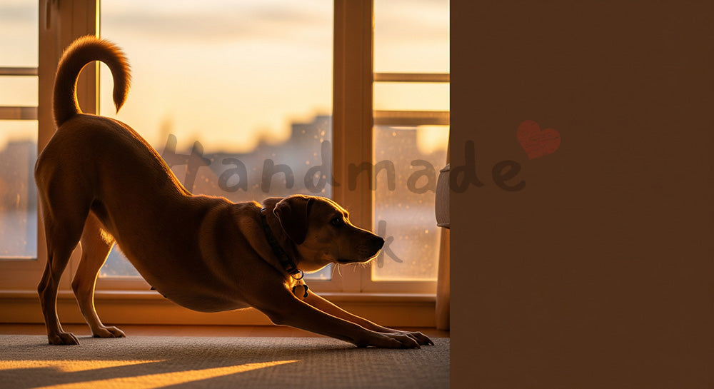フリー素材 無料 写真｜夕方の窓辺で伸びをする犬のやさしい室内背景｜LPのヘッダー画像に ロゴ・文字なし