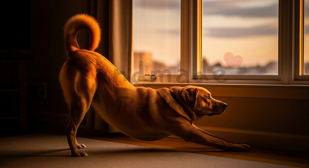 フリー素材 無料 写真｜夕方の窓辺で伸びをする犬のやさしい室内背景の写真｜トップページのビジュアルに