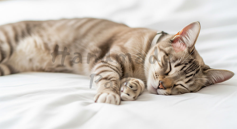 フリー素材 無料 写真｜白い寝具で眠る猫のハイキー背景｜ペットライフスタイルを添えた保険・医療のイメージに
