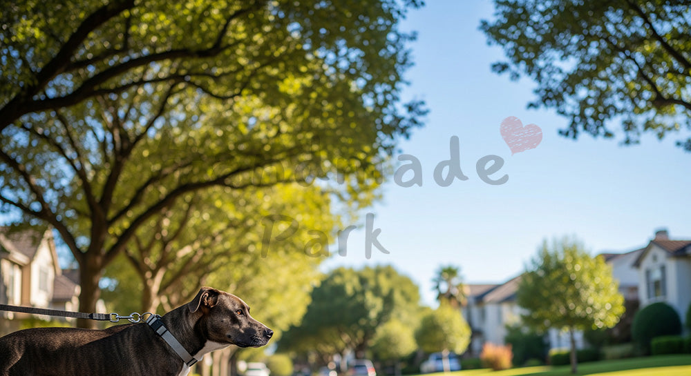 フリー素材 無料 写真｜やわらかな自然光の住宅街の並木道を歩く犬と青空の背景｜明るいトーンで使える