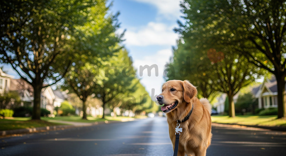 フリー素材 無料 写真｜ペットライフスタイルがある住宅街の並木道を歩く犬と青空の背景｜ナチュラルな雰囲気に