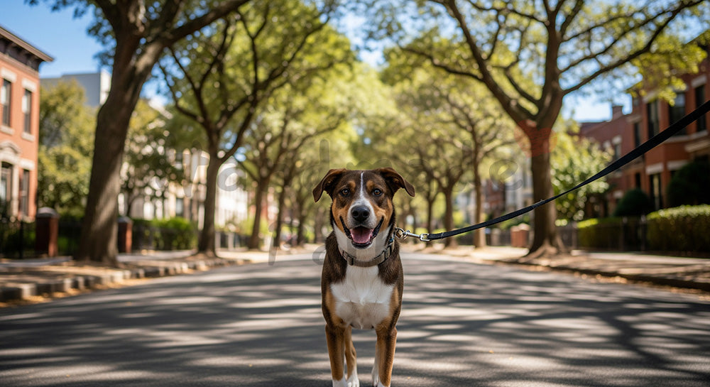 フリー素材 無料 写真｜住宅街の並木道を歩く犬と青空の背景｜サービス紹介ページに使える