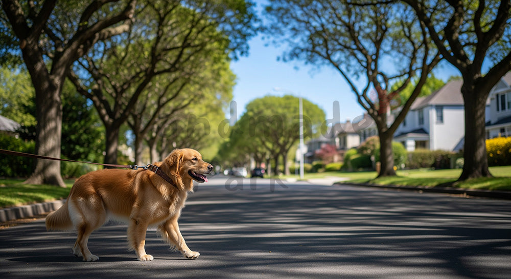 フリー素材 無料 写真｜住宅街の並木道を歩く犬と青空の背景｜トップページのビジュアルに ロゴ・文字なし